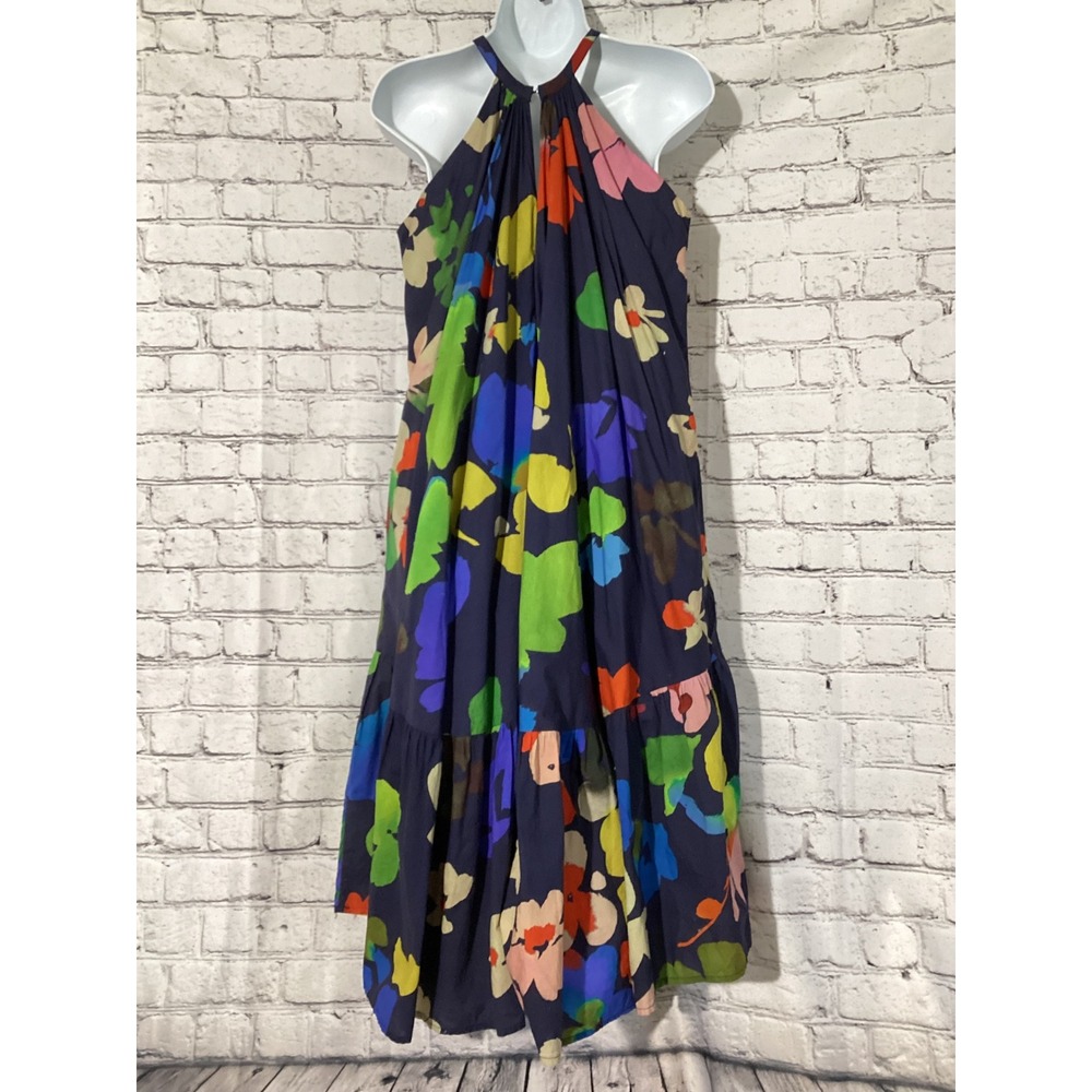 Whit Two Anthropologie Floral Halter Tiered Midi Dress Navy Blue Multi XSP - Picture 2 of 5
